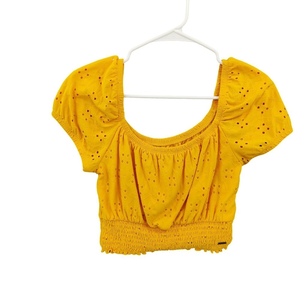 Hollister Womens Cottage Peasant Romantic Smocked Crop Top S Yellow Puff Sleeve